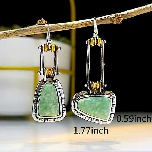 Vintage Silver Turquoise Asymmetrical Geometric Bohemian Boho Earrings - Picture 7 of 7